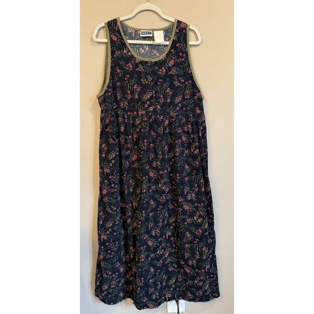 Vtg Erika‎ & Co Pinwale Corduroy Sz L Overall Jumper Dress Floral Pinafore 90's